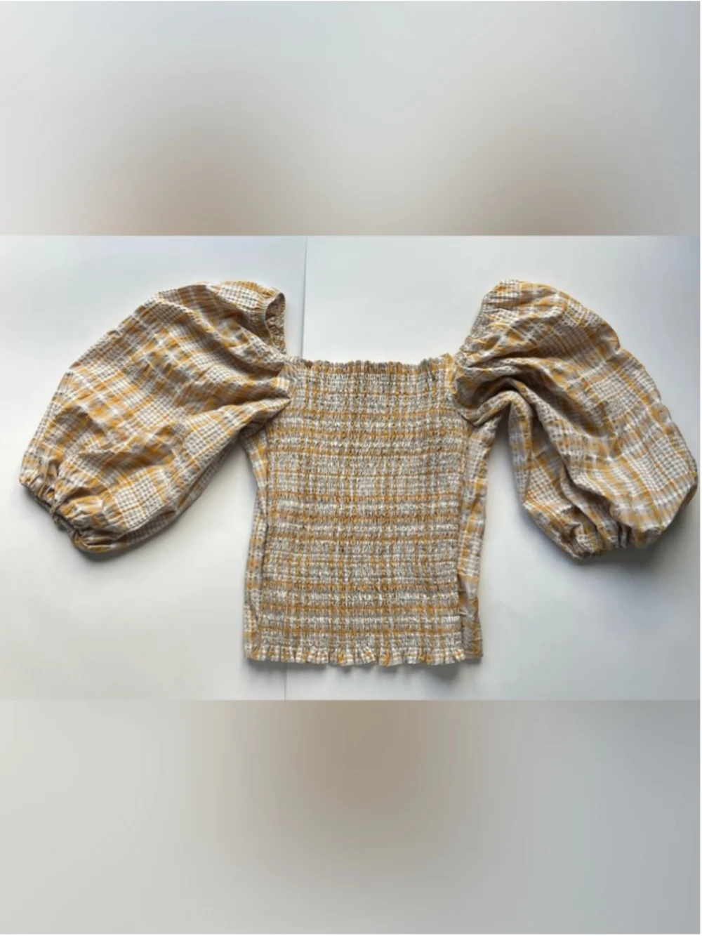 Anthropologie Maeve Seersucker Puff Sleeve Top Small Yellow Plaid Cottagecore